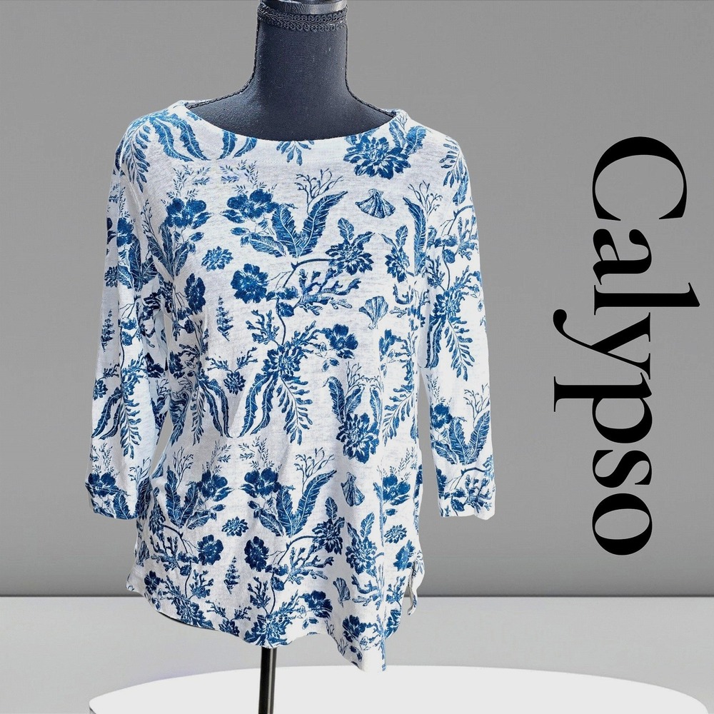 Calypso St Barth Top Womens Medium Blue White Linen Floral Toile Coastal Boho